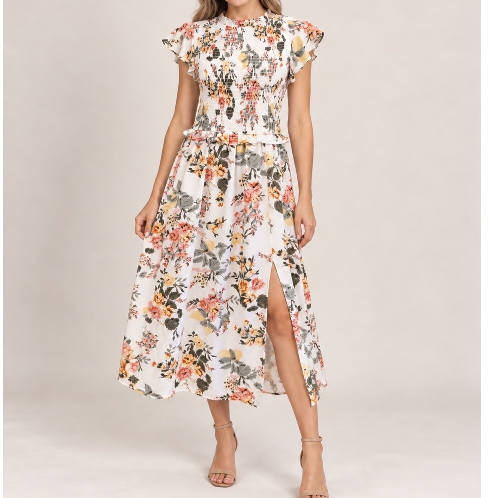 Sugarlips Floral Smocked Maxi Dress Flutter Sleeve Cream Multi Medium